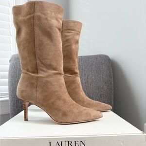 Ralph Lauren Camel Suede Mid-calf Heeled Boots size 5.5